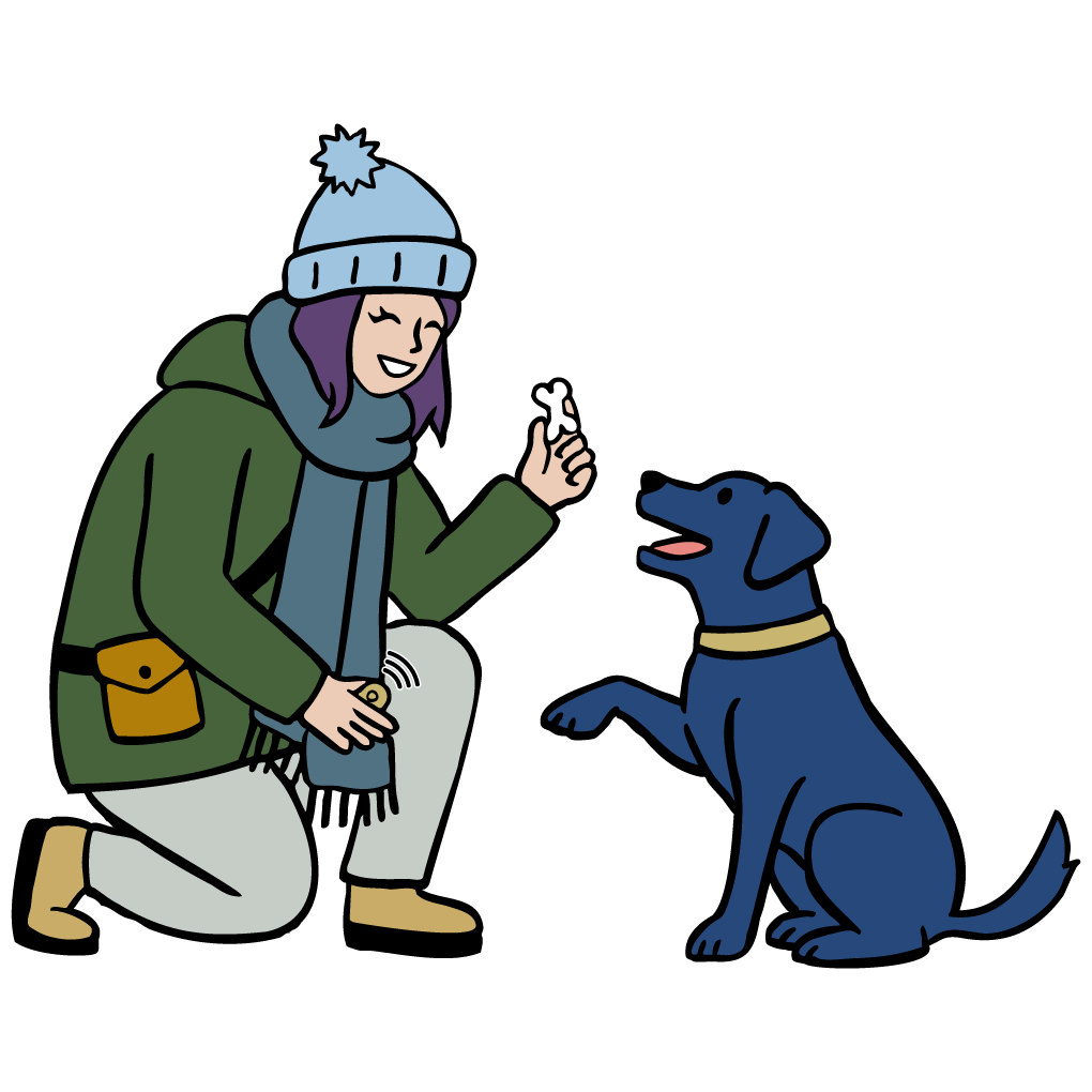 illustration of woman kneeling with dog treat and clicker next to dog offering paw for the treat